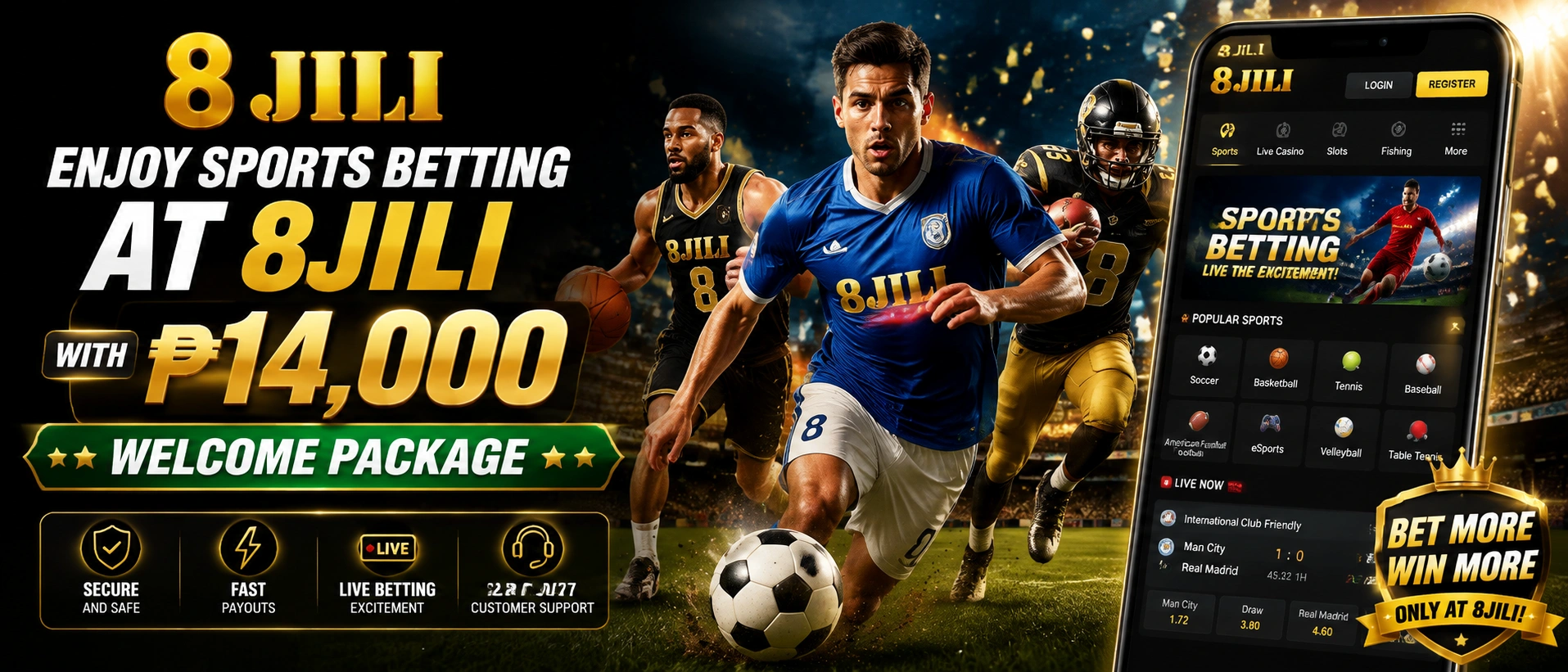 Sports banner with a live match atmosphere